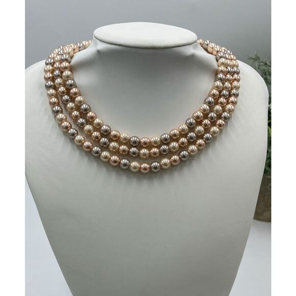 Carolee Three Strand Peach Gray Pearl Necklace Gold Tone Clasp With Pave Crystal - Picture 1 of 10